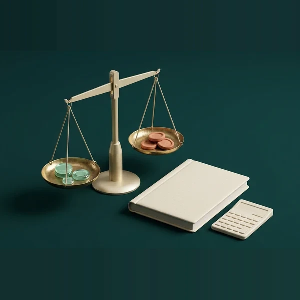 Balança, livro-razão e calculadora sobre fundo verde.